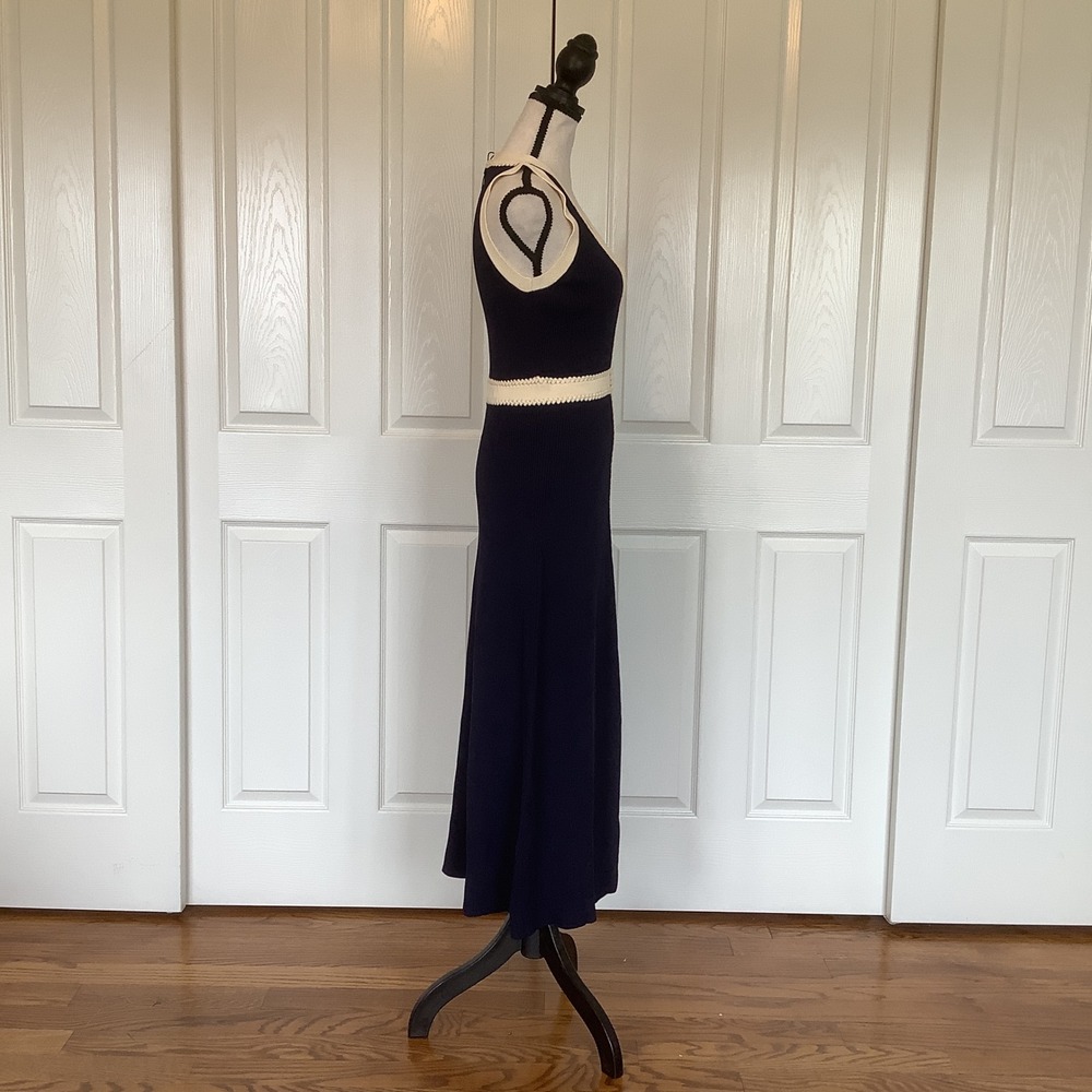 Reiss Lou-Craft Detail Knitted Navy Blue Cream V-Neck Maxi Dress Size M NWT - Picture 4 of 14